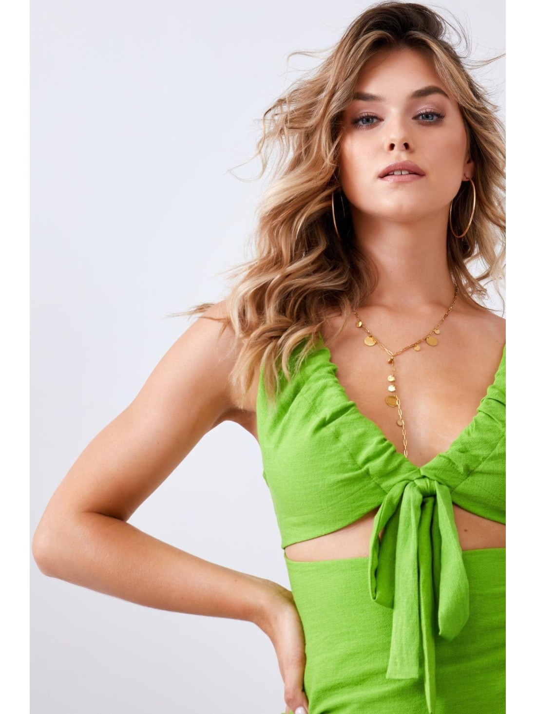 Summer dress with a tied neckline, dark lime 110525 - Online store - Boutique